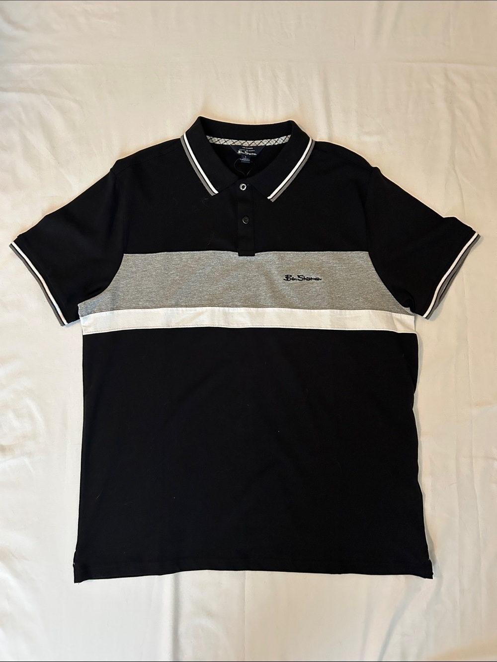 Ben Sherman Black Polo with Gray & White Chest Bands Size L